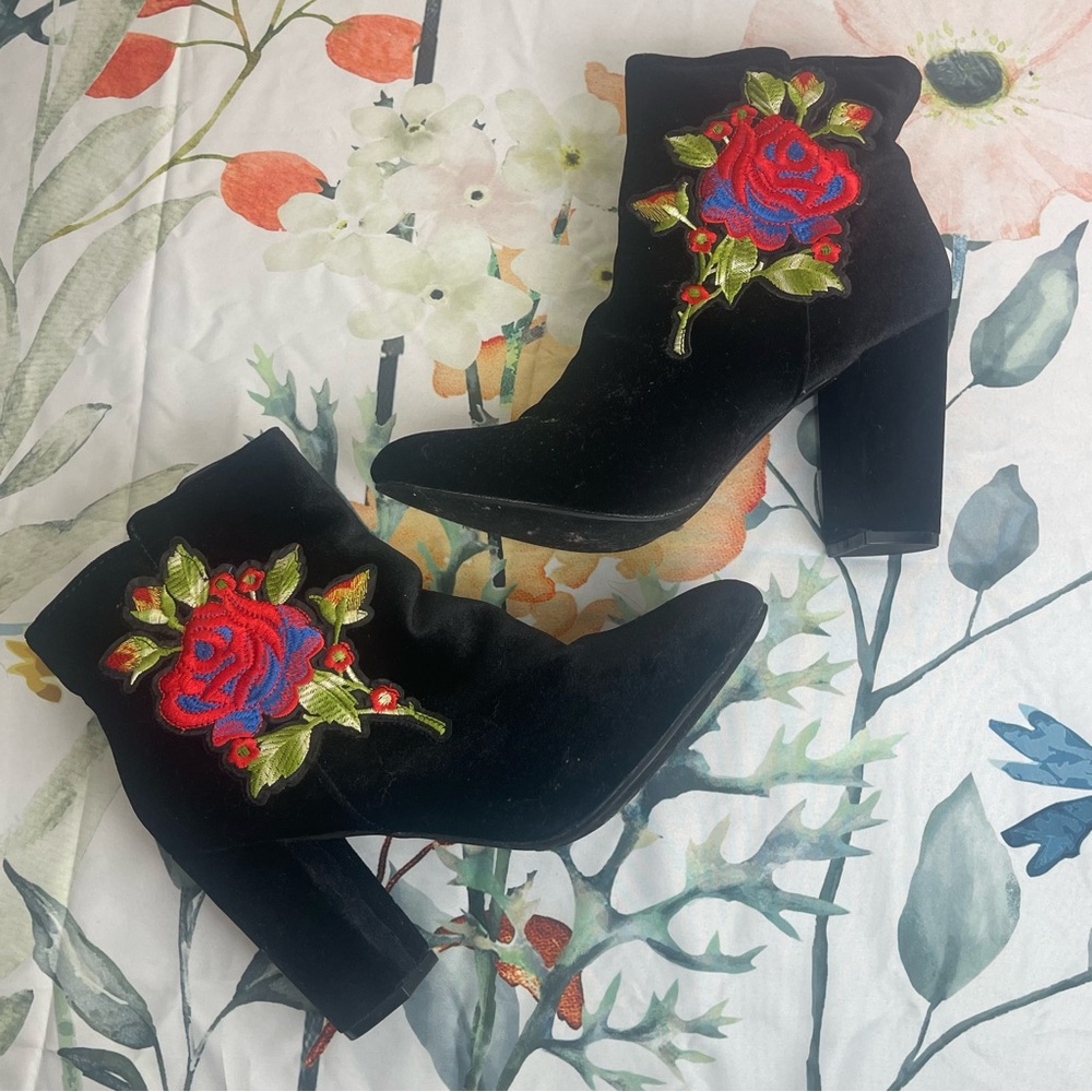 Hot Kiss Patchy black velvet ankle boots with floral embroidery